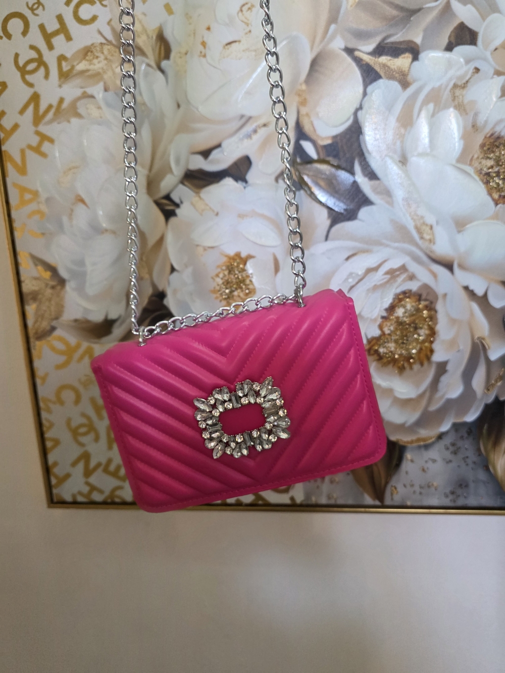 Hot Pink Quilted Crossbody Bag with Crystal Buckle